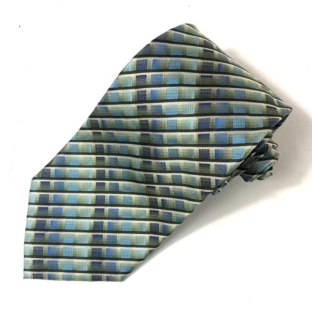 Crazy Horse Liz Claiborne Men's Tie 100% Silk Blue Green Geometric Check Pattern